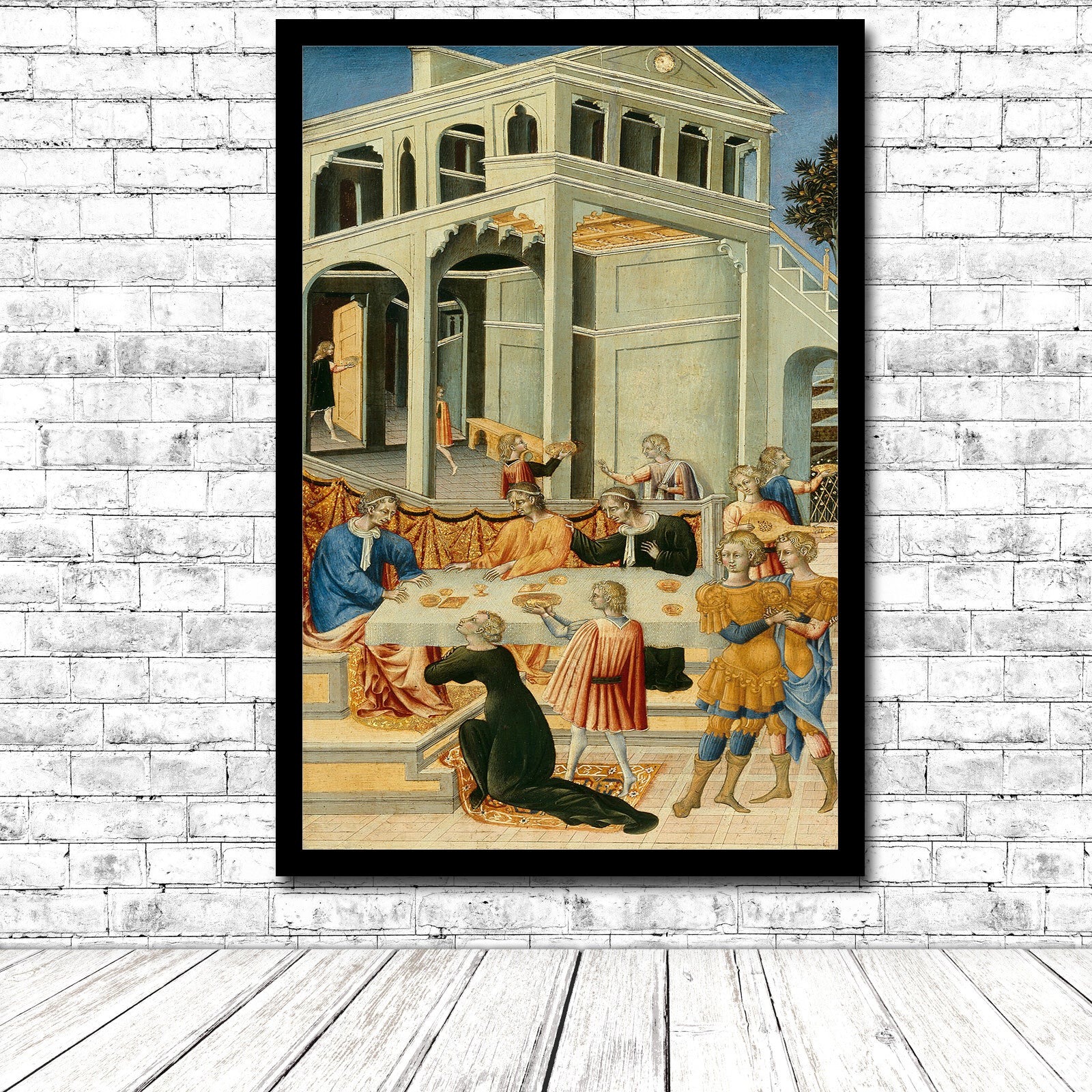 A printed art piece depicting a historical scene with multiple characters, framed in a black frame.