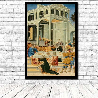 A printed art piece depicting a historical scene with multiple characters, framed in a black frame.