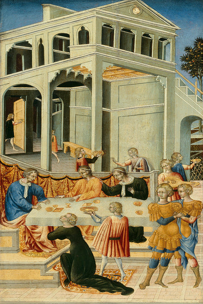A printed art piece depicting a historical scene with multiple characters, framed in a black frame.