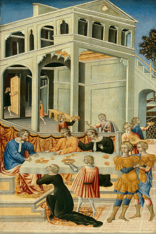 A printed art piece depicting a historical scene with multiple characters, framed in a black frame.