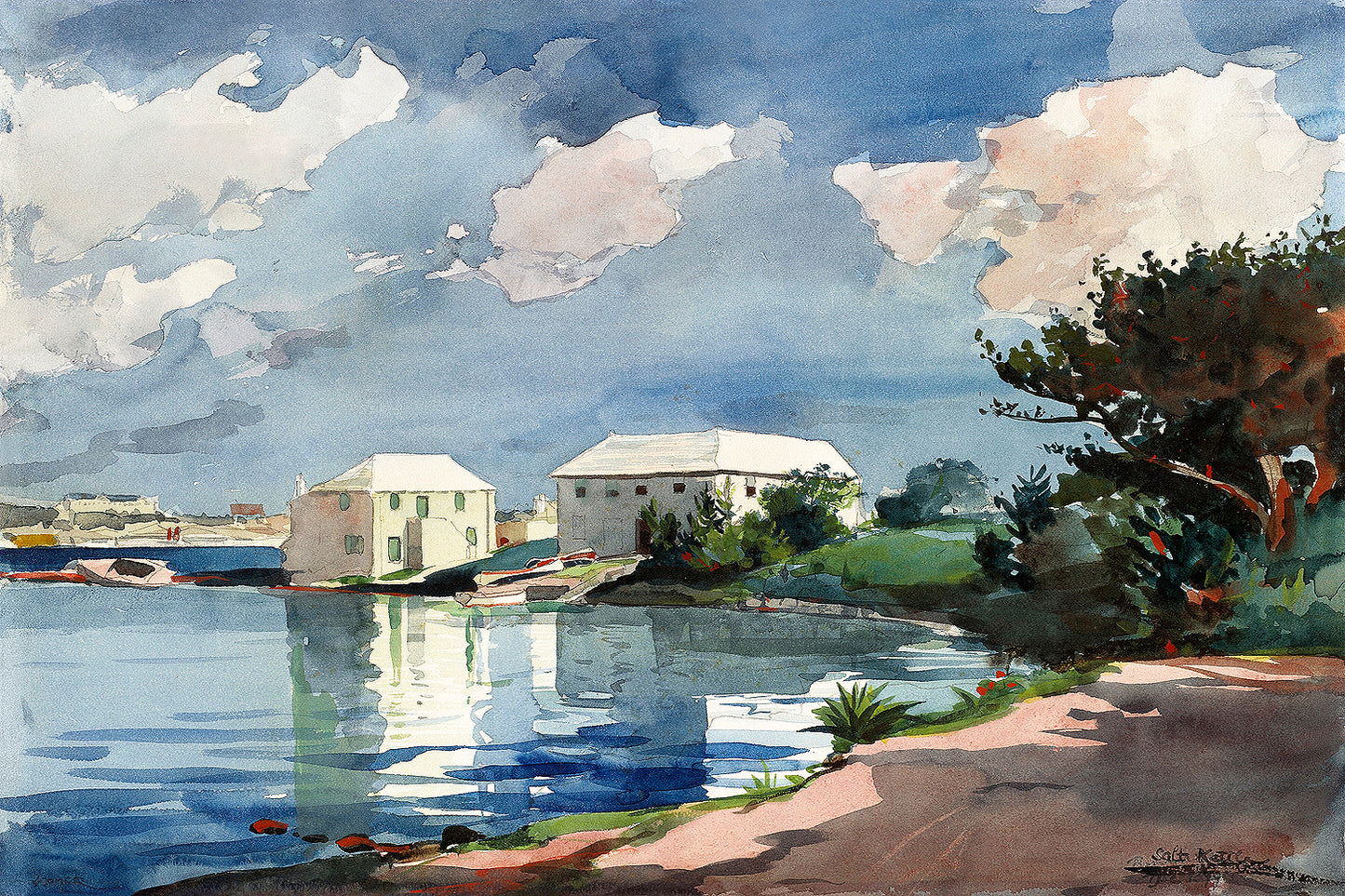 A framed print of a watercolor painting depicting a serene landscape with buildings, water, and trees, under a blue sky with clouds.