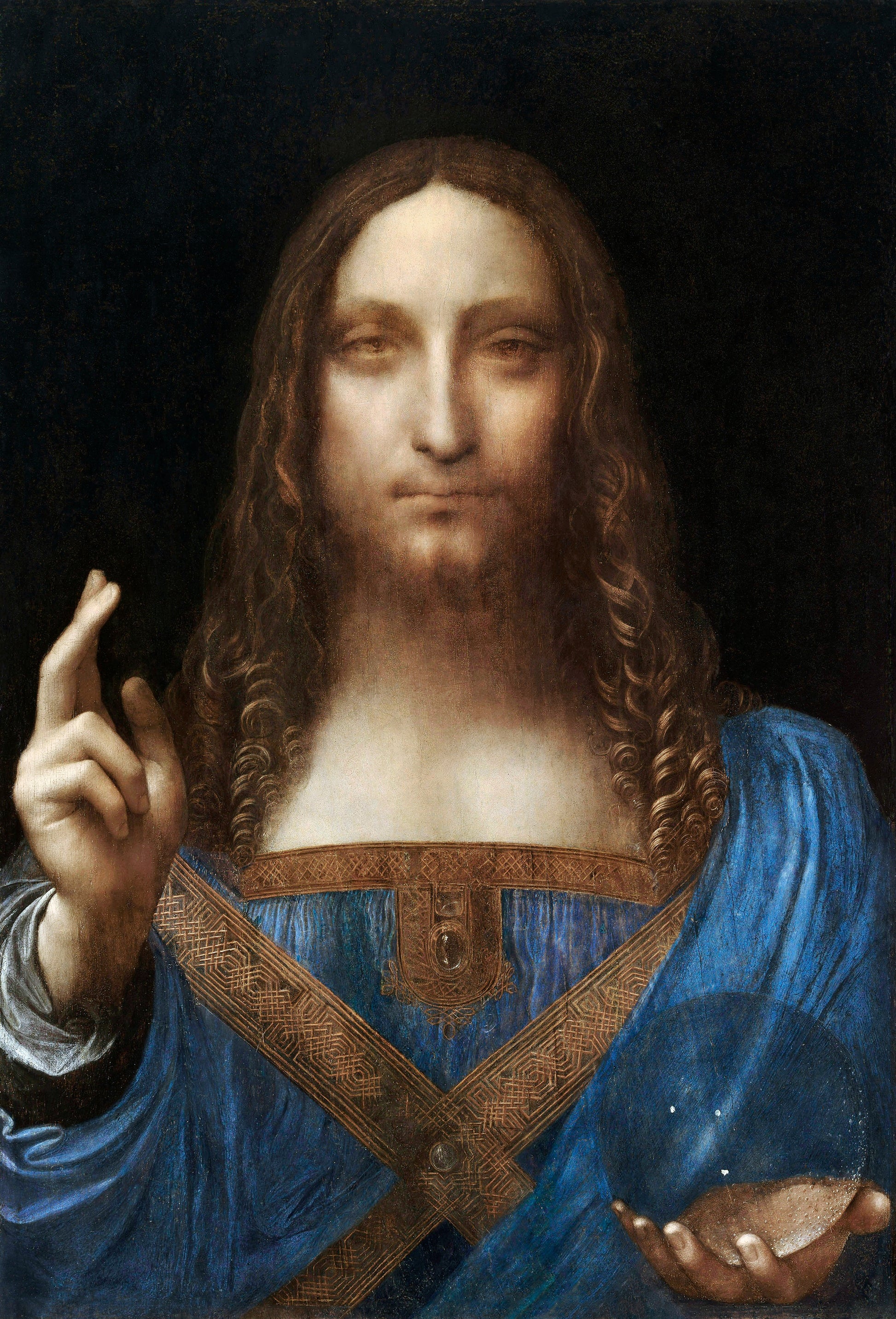 A framed print of 'Salvator Mundi' by Leonardo di Vinci, depicting Jesus Christ with a blue garment and gold detailing.