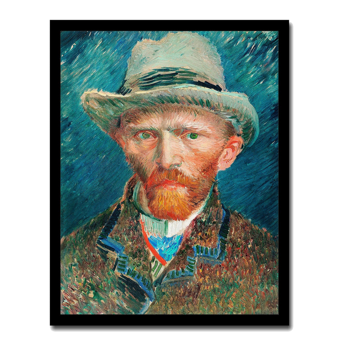 A printed self-portrait of Vincent Van Gogh featuring a man with a red beard and mustache, wearing a hat, against a textured background.
