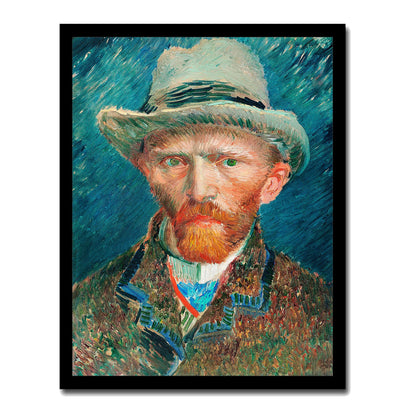 A printed self-portrait of Vincent Van Gogh featuring a man with a red beard and mustache, wearing a hat, against a textured background.