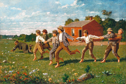 A printed art piece featuring a historical painting of several children playing with a dog in an outdoor setting, with a red house in the background.