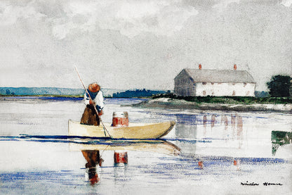 A framed print depicting a watercolor painting with a person in a rowboat on a calm body of water, titled 'Spearing Eels in late 1800' by Winslow Homer.