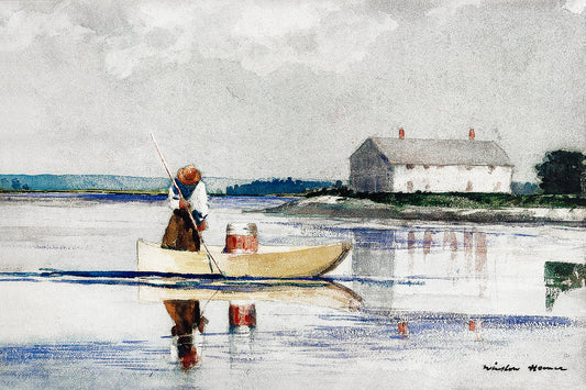 A framed print depicting a watercolor painting with a person in a rowboat on a calm body of water, titled 'Spearing Eels in late 1800' by Winslow Homer.