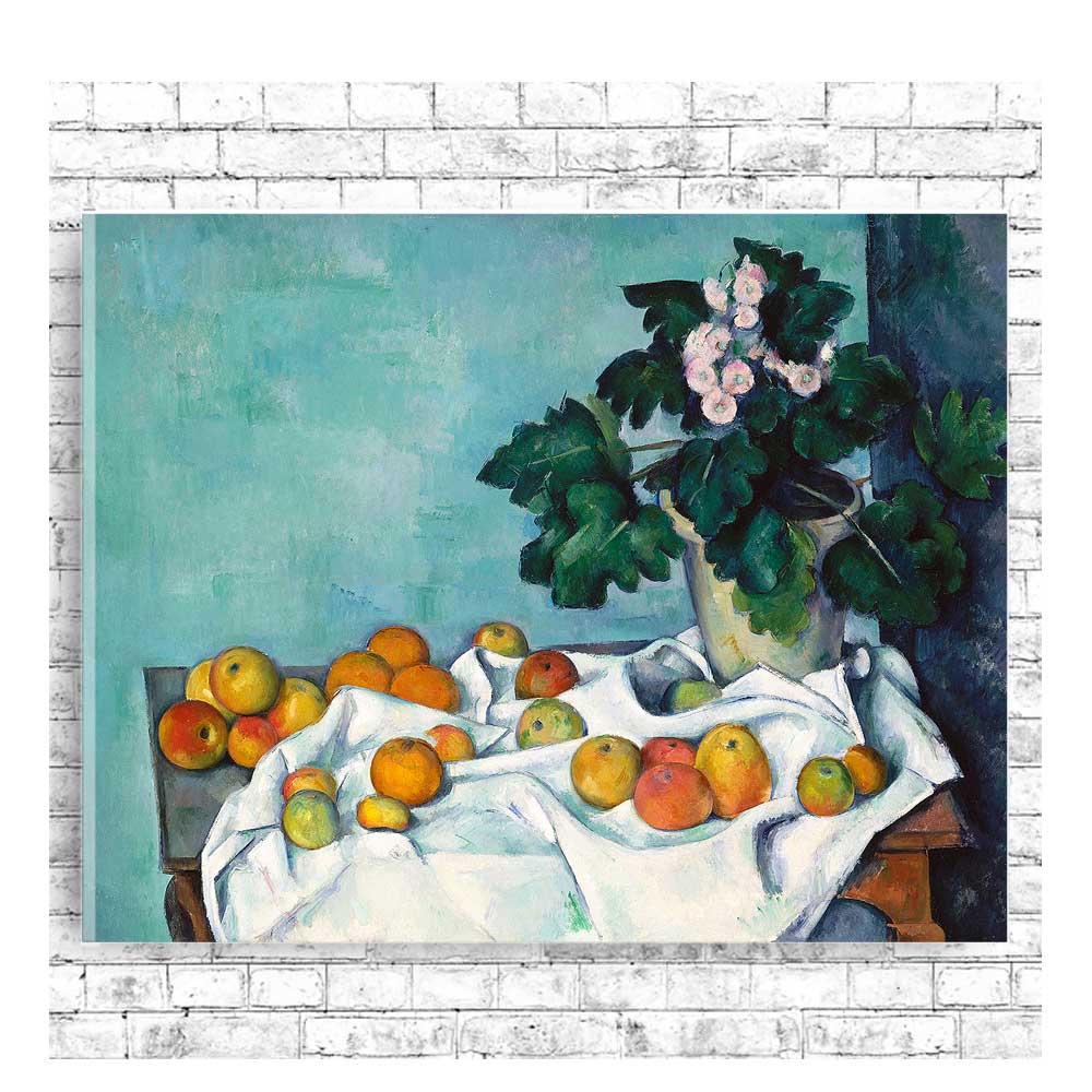 Still Life with Apples and a Pot of Primroses (ca. 1890) by Paul Cezanne - Buy Print Only or Mounted with Choice of Accent Color