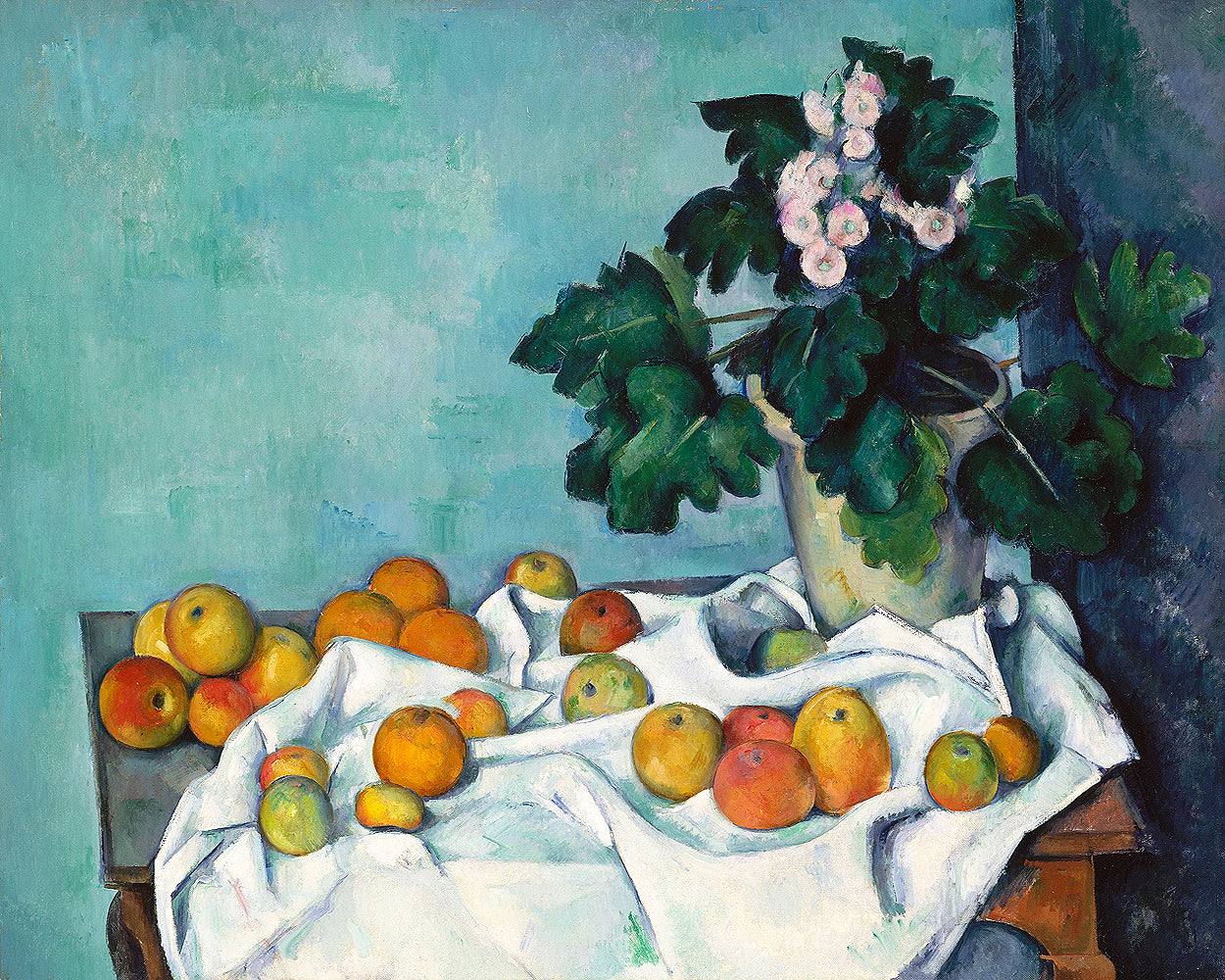 Still Life with Apples and a Pot of Primroses (ca. 1890) by Paul Cezanne - Buy Print Only or Mounted with Choice of Accent Color