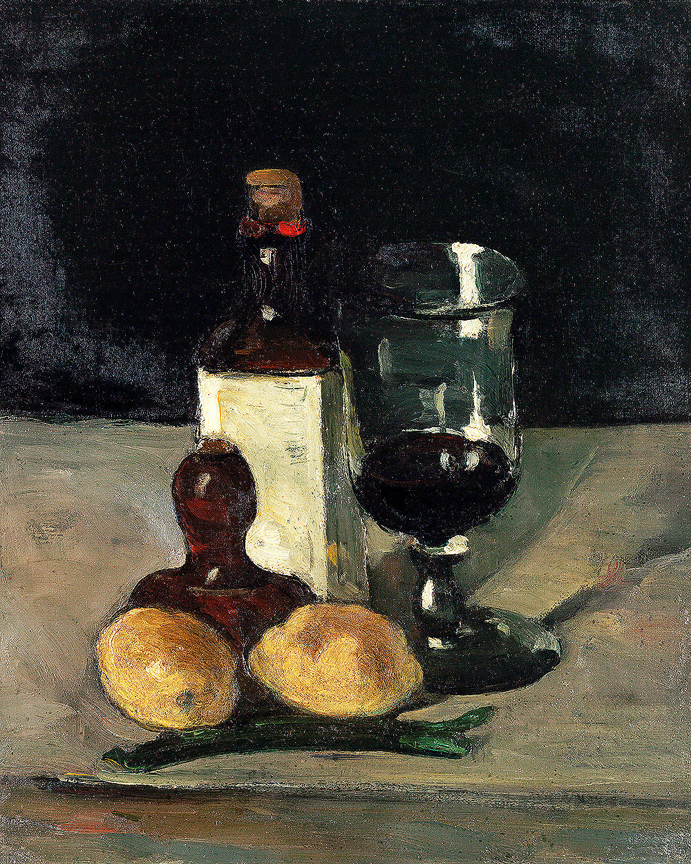 A framed print of a still life painting featuring a bottle, a glass, and two lemons on a table against a dark background.