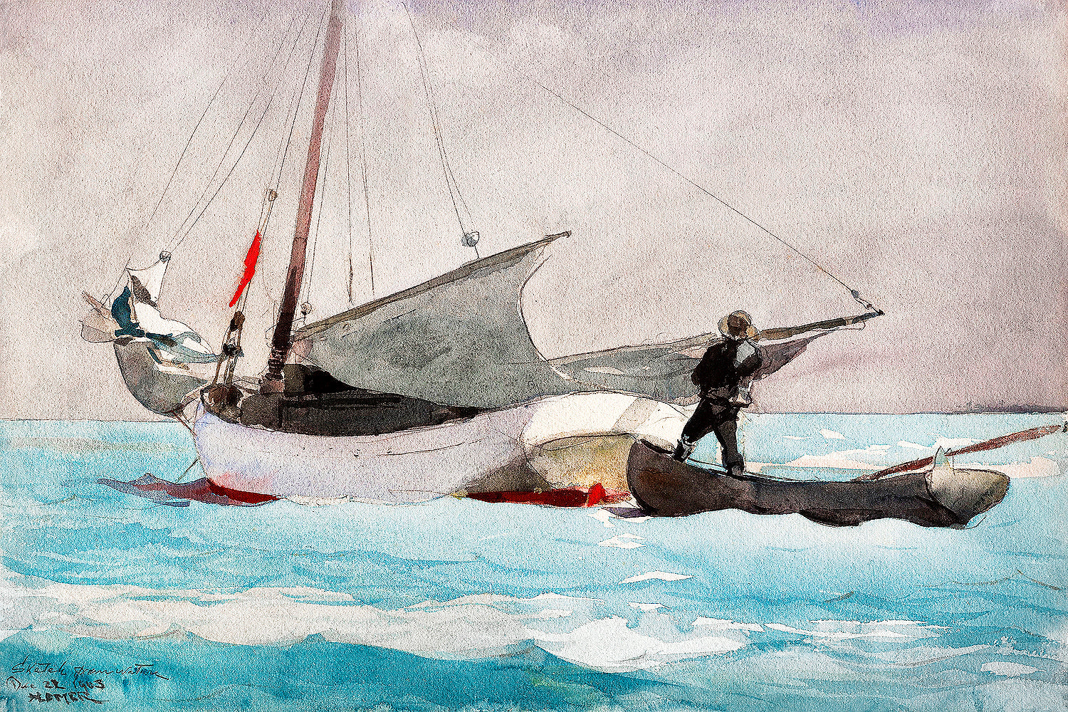 A framed print depicting a sailor on a small boat with a large sail in the background, capturing a sense of motion and drama.