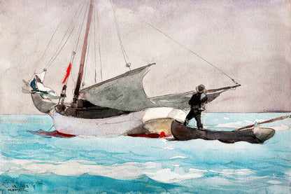 A framed print depicting a sailor on a small boat with a large sail in the background, capturing a sense of motion and drama.