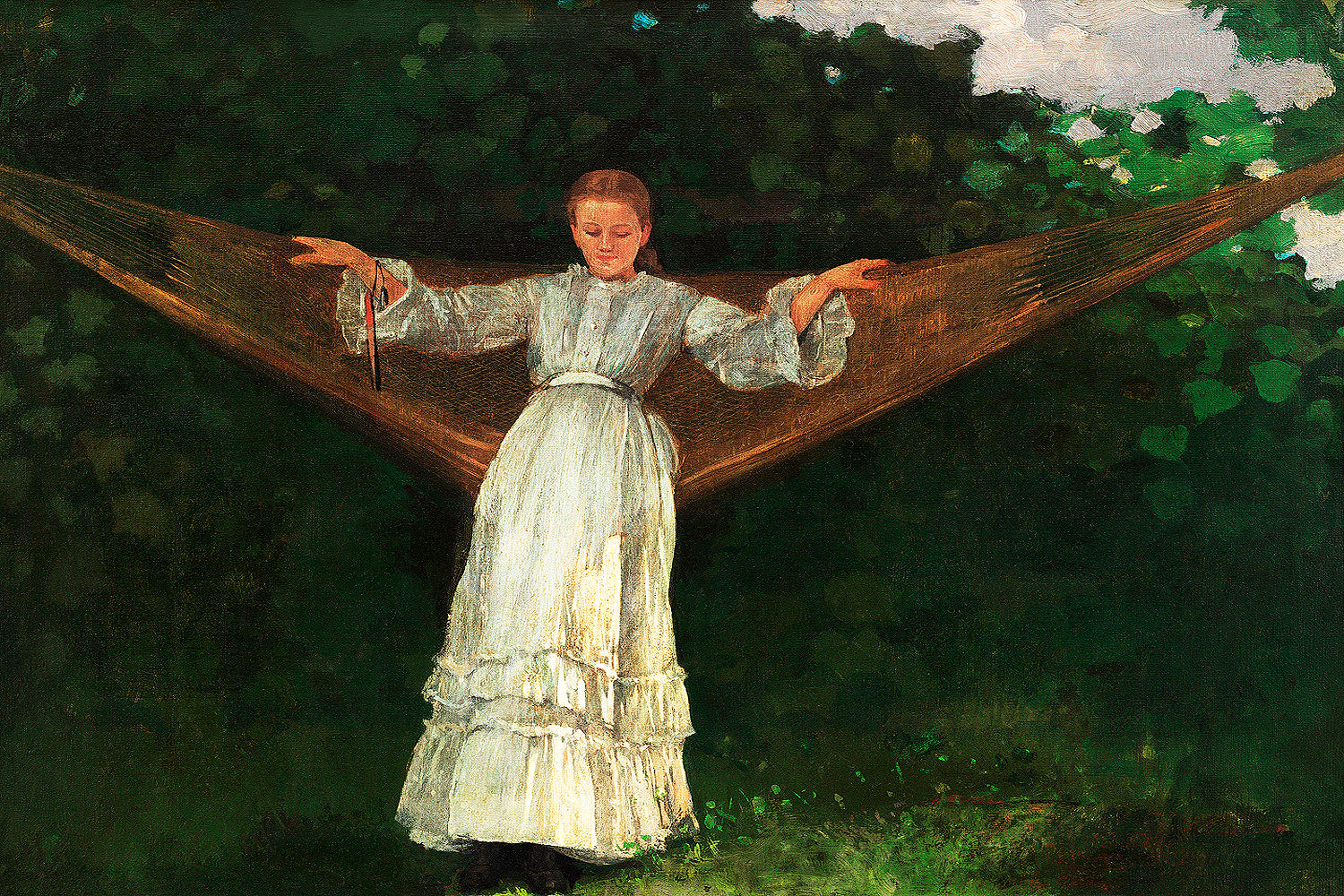 A printed art piece featuring a person standing with arms outstretched, set against a nature background. The person is wearing a light-colored dress, and the image has a black border.