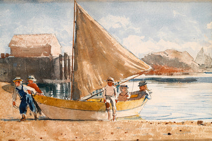 A framed print depicting a beach scene with a sailboat and figures on the shore.