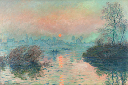 A framed print of a landscape painting depicting a sunset over a river with trees in the foreground.
