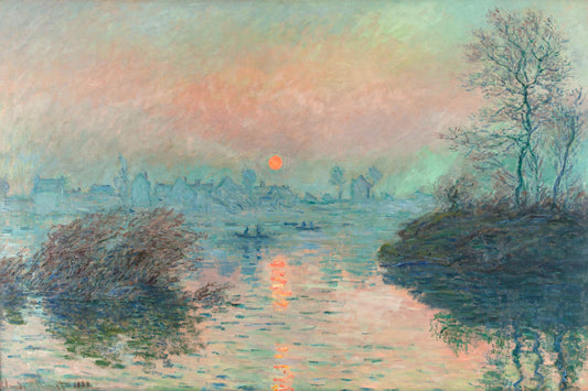 A framed print of a landscape painting depicting a sunset over a river with trees in the foreground.