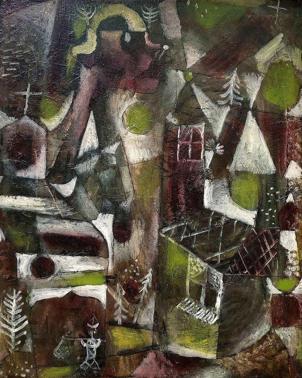A framed print of an abstract painting featuring geometric shapes in shades of black, white, and various muted colors.