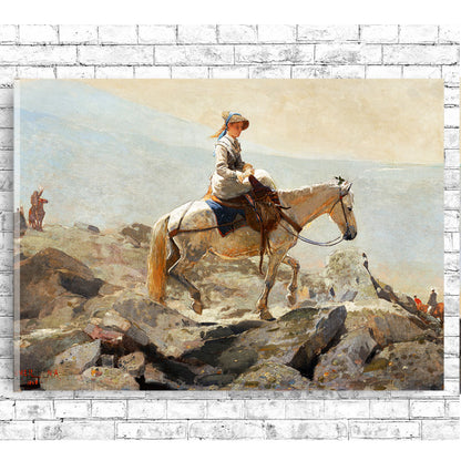 A framed print depicting a person riding a horse in a landscape setting with rocks and a distant figure.