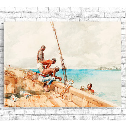 A framed print depicting a historical painting with two individuals on a wooden boat, set against a backdrop of calm blue waters and a sky horizon.