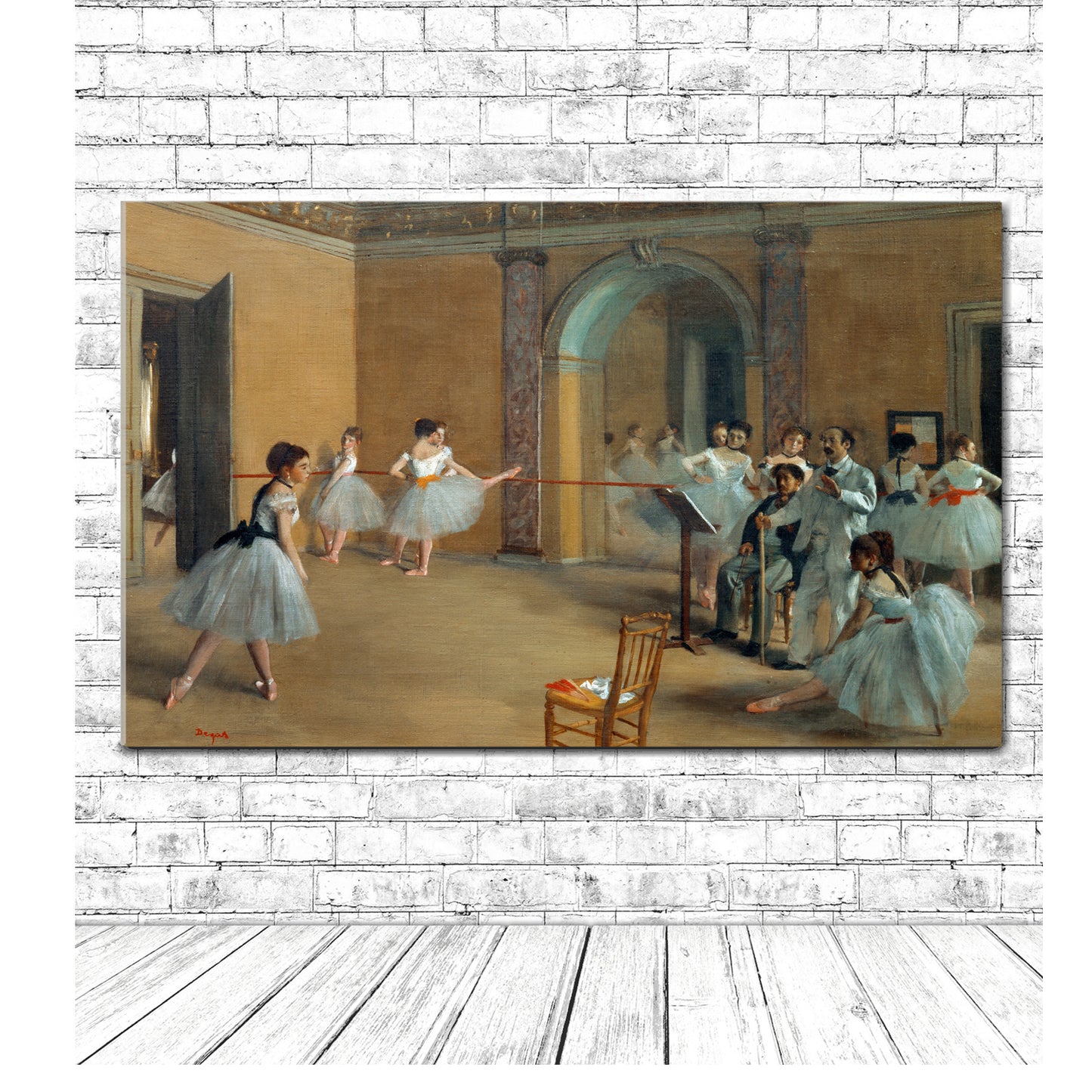 A framed print of 'The Dance Foyer at the Opera' by Edgar Degas, depicting ballerinas in a practice room.