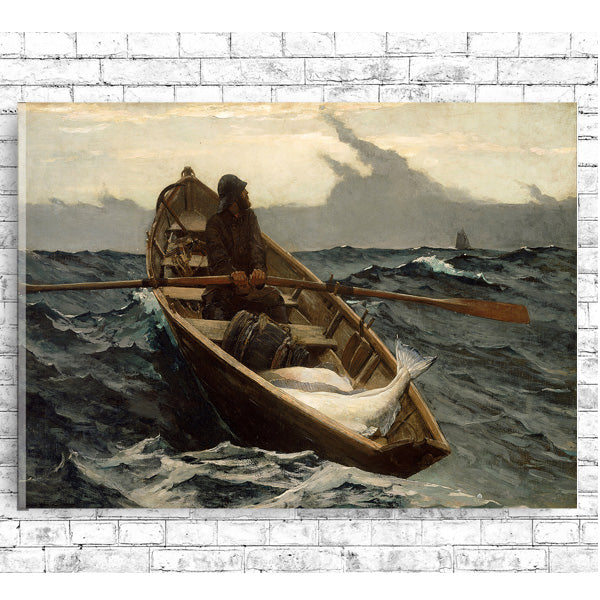 A framed print depicting a person rowing a boat in choppy ocean waters, with a focus on the figure and the boat against a backdrop of stormy clouds.