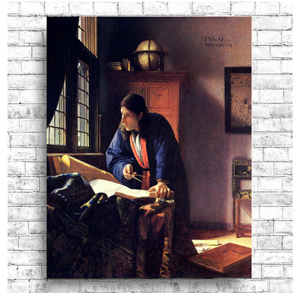 A printed art piece depicting a person engaging with a map, set within a framed border, with options for customization such as different colored borders or mounting on acid-free paper or canvas.