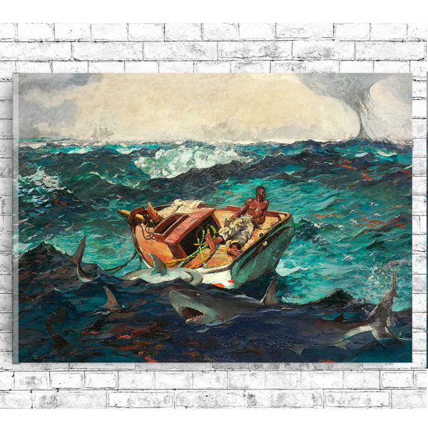A framed print featuring a historical painting with two individuals in a small boat amidst choppy ocean waters, with a choice of accent colors for the border.