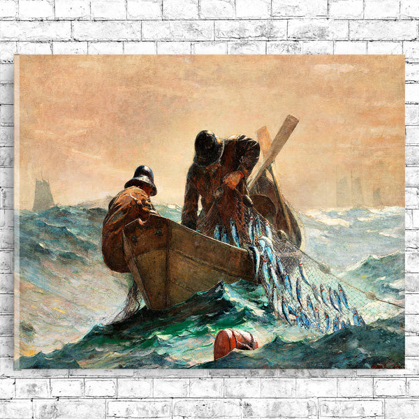 A framed print of a historical painting depicting three men in a small boat, pulling in a large net filled with fish.