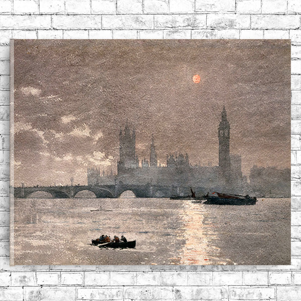 A framed print of The Houses of Parliament by Winslow Homer, depicting the building across the river with a reflection in the water, and boats in the foreground.