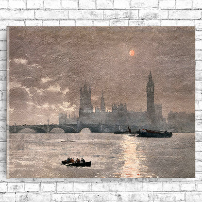 A framed print of The Houses of Parliament by Winslow Homer, depicting the building across the river with a reflection in the water, and boats in the foreground.