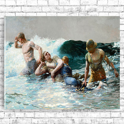 A printed art piece featuring a historical painting with figures in a oceanic setting with waves.
