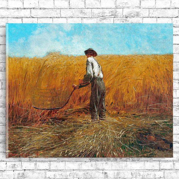 A framed print depicting a person in a field with ripe wheat, representing the artwork 'The Veteran in a New Field (1865)' by Winslow Homer.