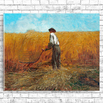 A framed print depicting a person in a field with ripe wheat, representing the artwork 'The Veteran in a New Field (1865)' by Winslow Homer.