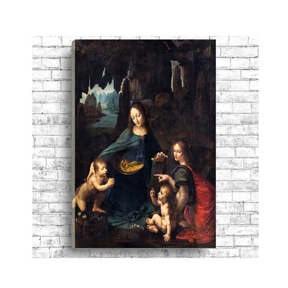 A framed print of 'The Virgin of the Rocks' by Leonardo Di Vinci, depicting the Virgin Mary with two children and an angel in a cave setting.