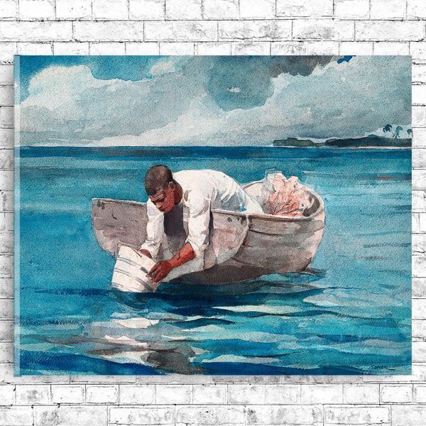 A framed print of a painting depicting a person in a small boat on calm waters, with a clear sky above.