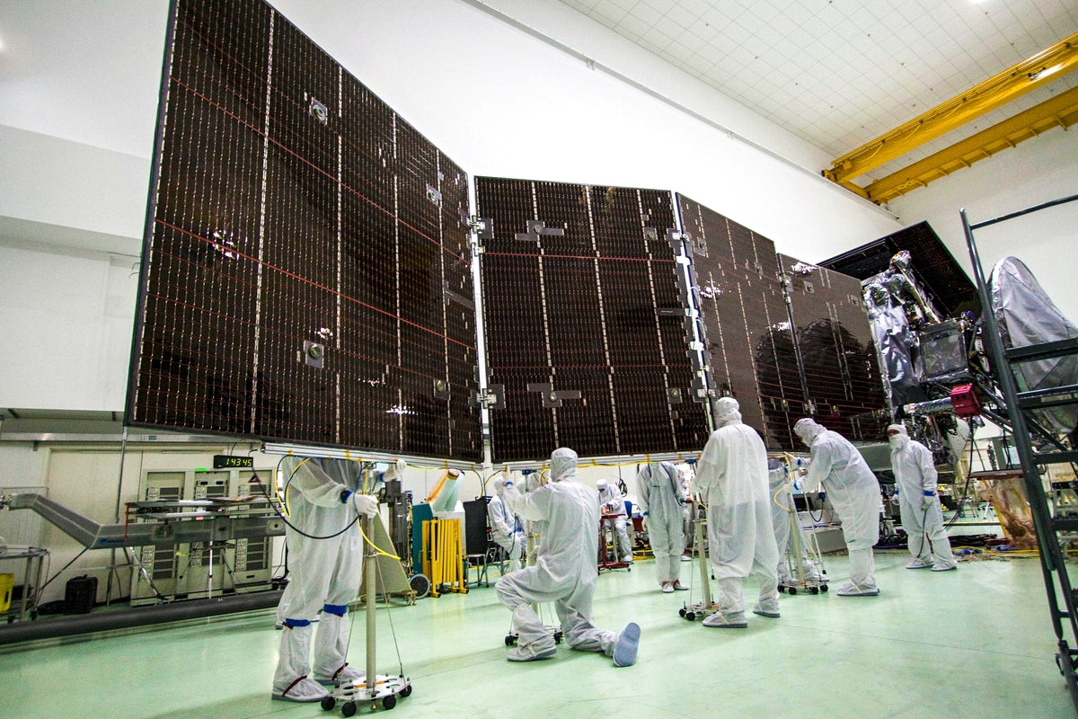 Nasa Transformer Solar Array Technicians stow for launch solar array #2 for NASA Juno spacecraft ...