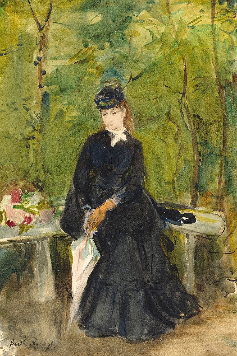 A framed print of a painting depicting a seated woman in black attire against a blurred background of a park setting.