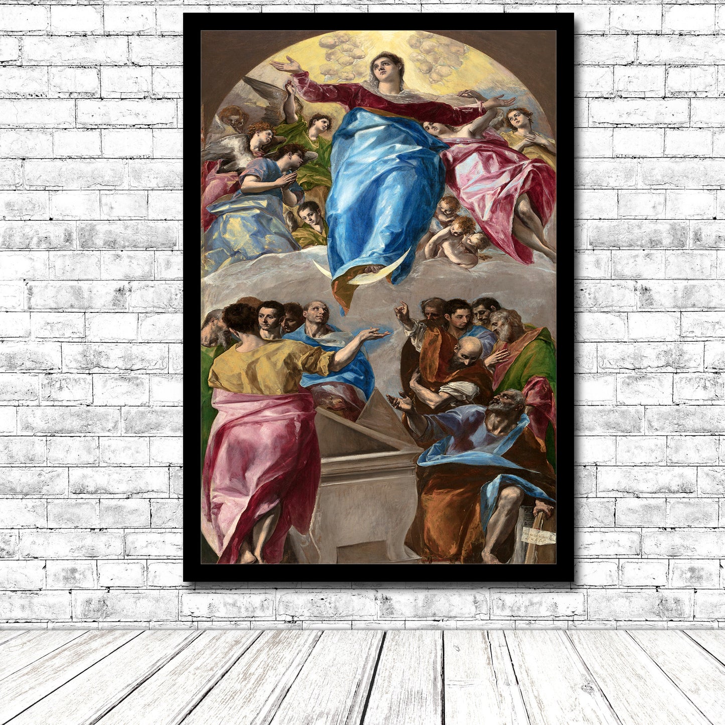 A printed art piece depicting 'The Assumption of the Virgin' by El Greco, showing the Virgin Mary ascending into Heaven with surrounding figures in colorful robes.