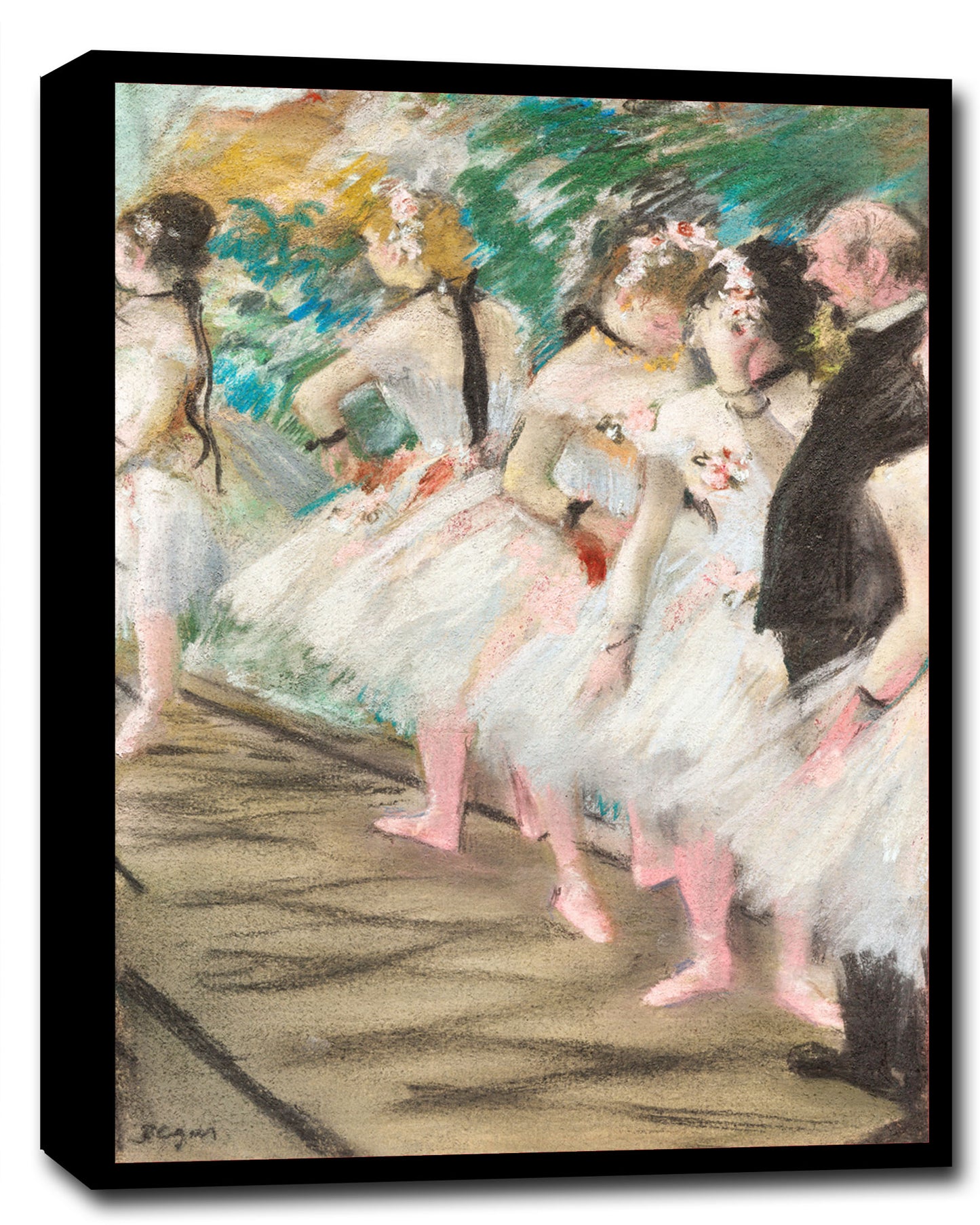 A framed print of 'The Ballet' by Edgar Degas, depicting ballerinas preparing on stage, with a black border and wooden frame.
