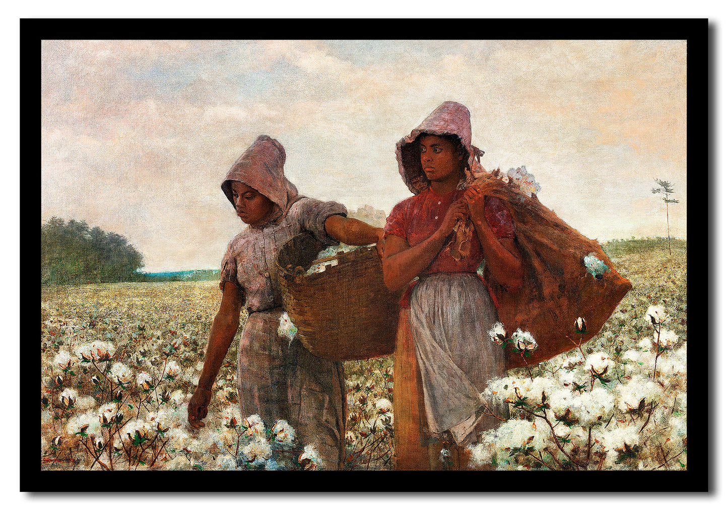 A printed art piece featuring two individuals in a cotton field, framed in a wooden frame with a white border.