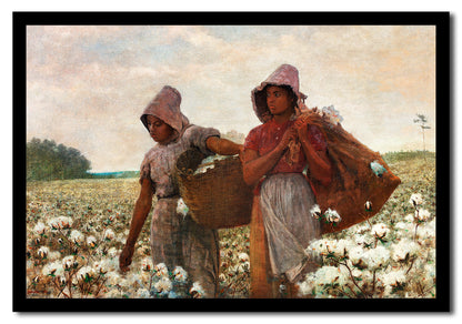 A printed art piece featuring two individuals in a cotton field, framed in a wooden frame with a white border.