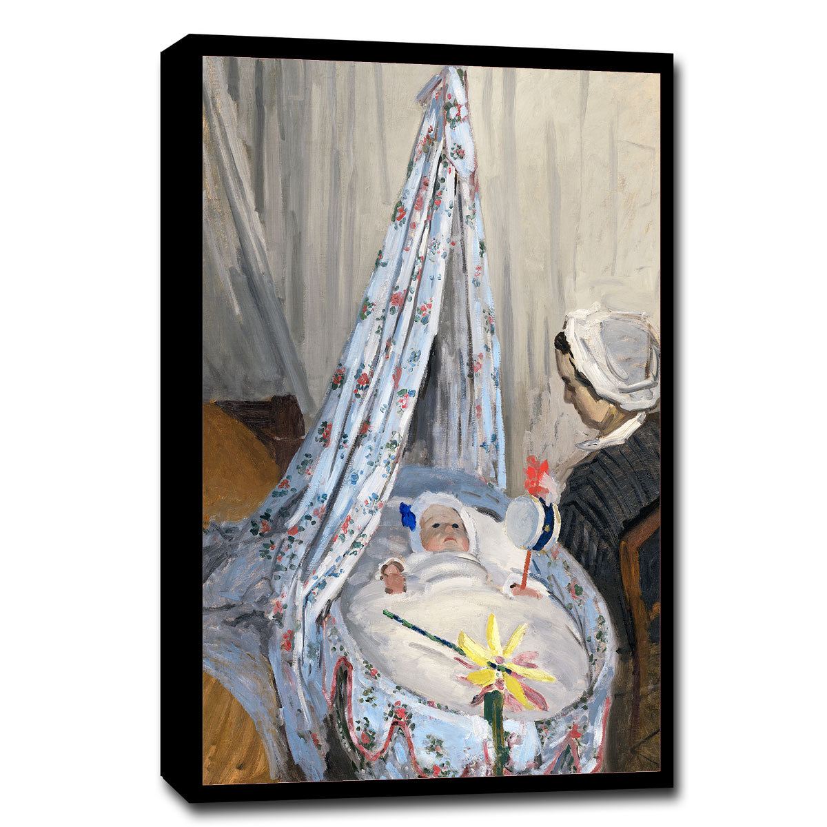 A framed painting depicting a woman seated beside a baby in a cradle, with detailed curtains and a patterned dress.