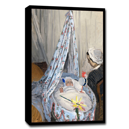 A framed painting depicting a woman seated beside a baby in a cradle, with detailed curtains and a patterned dress.