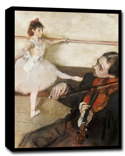 A framed print of 'The Dance Lesson' by Edgar Degas, depicting a ballet dancer in a white dress and a man playing a violin, with a black frame.