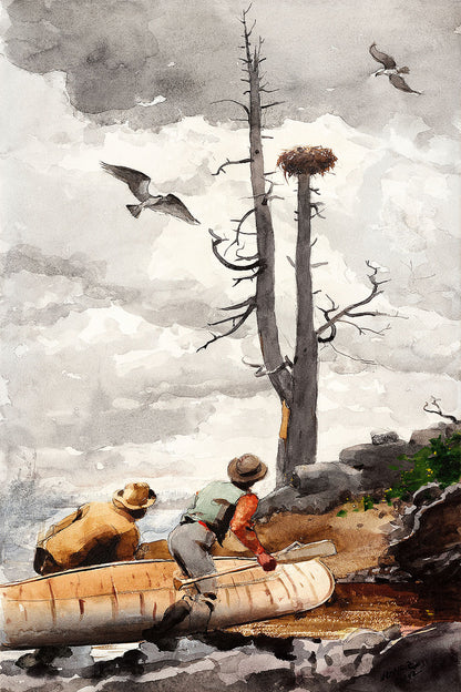 A framed print depicting two children near a nest in a tree with birds flying around.