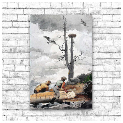 A framed print depicting two children near a nest in a tree with birds flying around.
