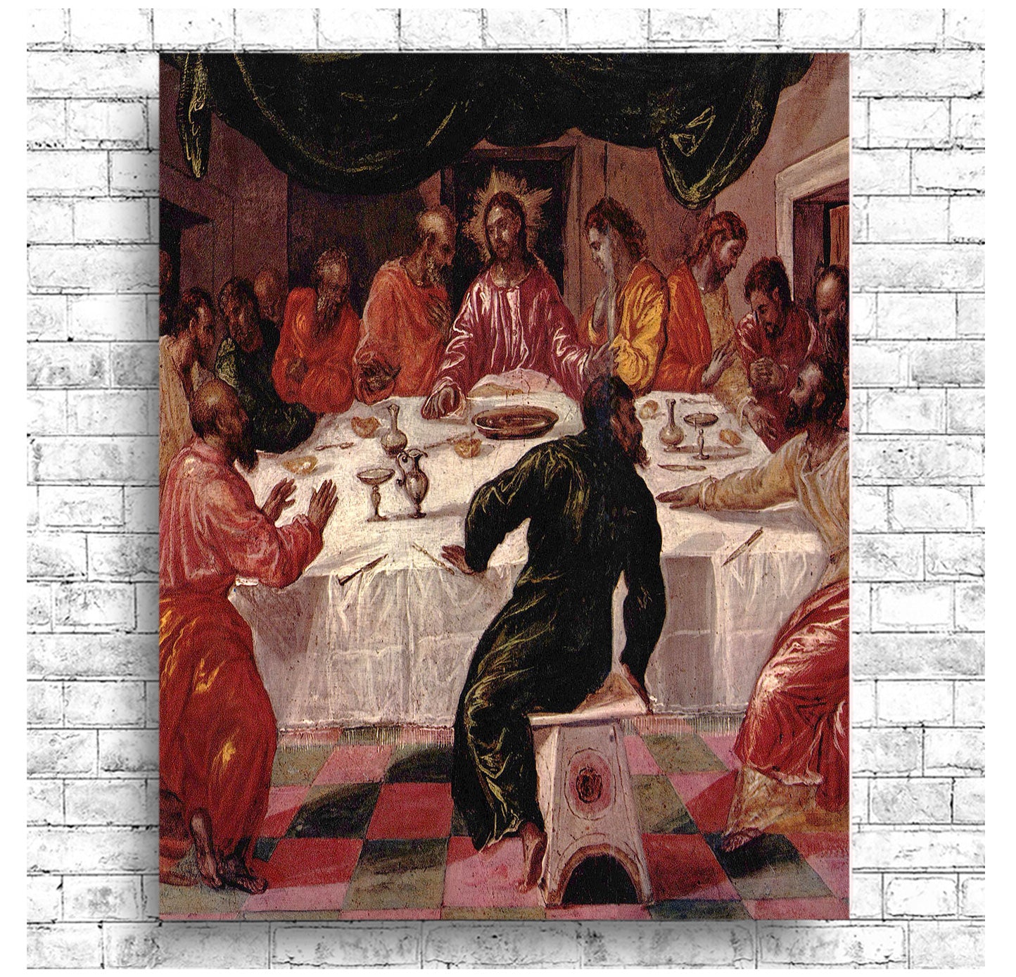 A printed art piece depicting 'The Last Supper' by El Greco, featuring multiple figures around a table, with vibrant colors and religious attire.