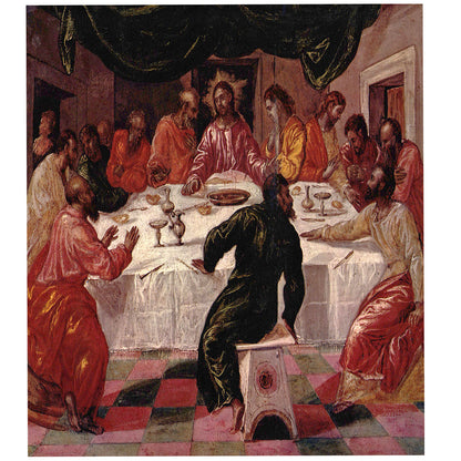 A printed art piece depicting 'The Last Supper' by El Greco, featuring multiple figures around a table, with vibrant colors and religious attire.