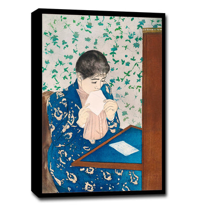 A printed artwork depicting a person in a blue kimono writing a letter, with a decorative green leaf pattern in the background.