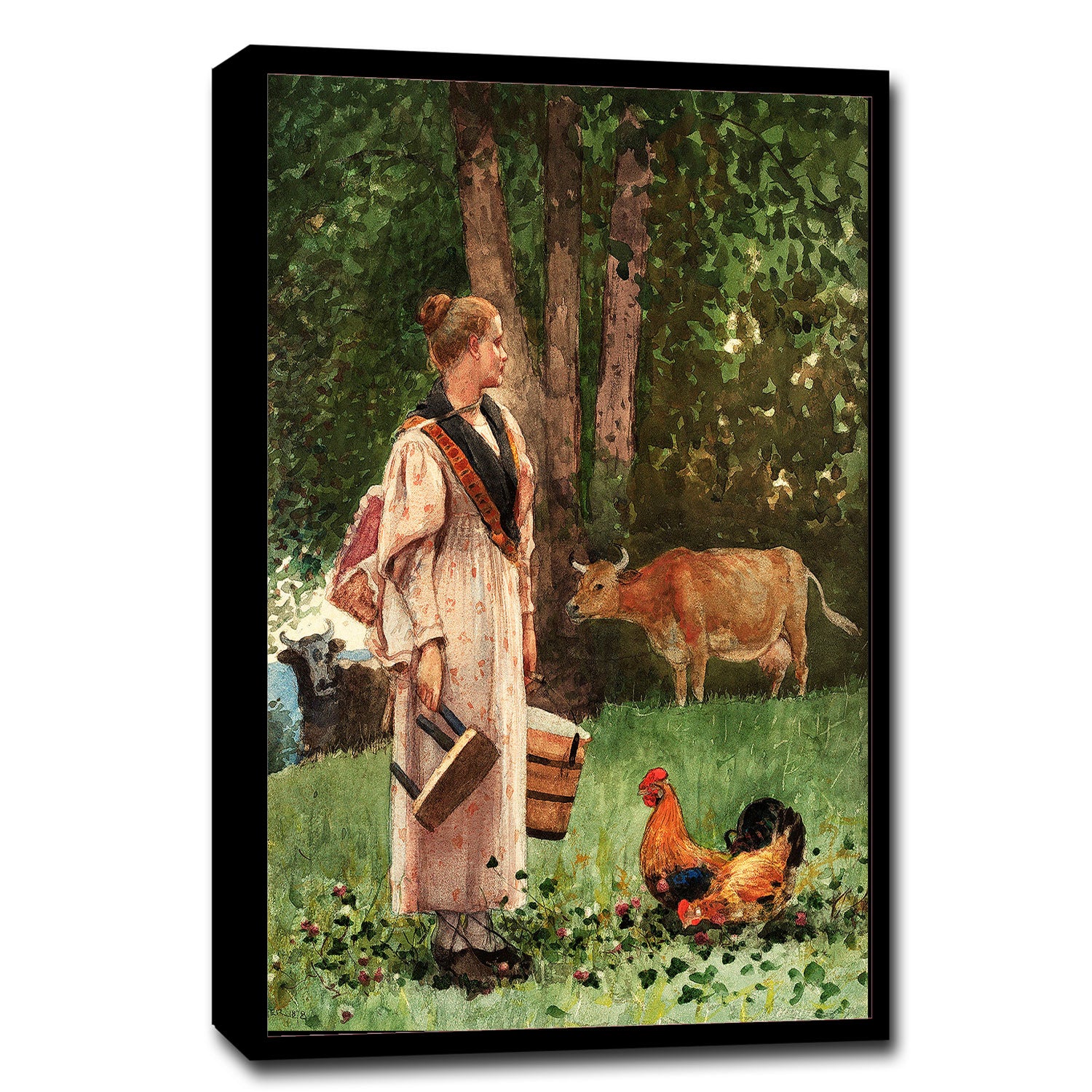 A framed print of 'The Milk Maid' by Winslow Homer, depicting a woman standing in a garden with a cow and chickens.
